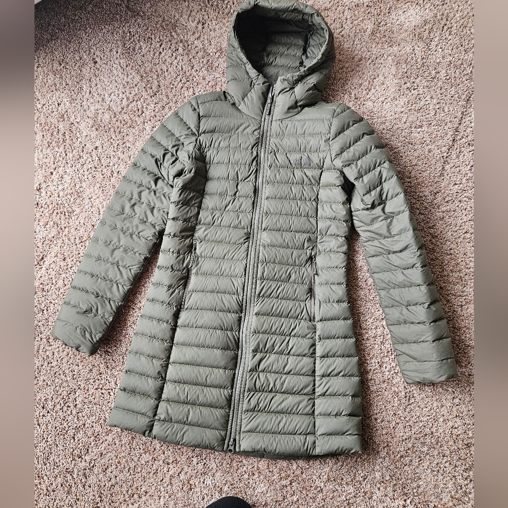 The North Face Women's Hooded Long Quilted Puffer Coat in Olive